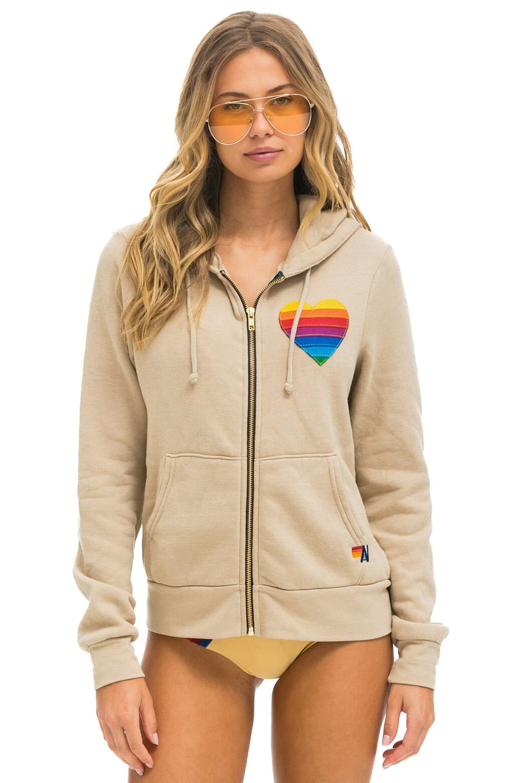 Retro RAINBOW HEART STITCH ZIP HOODIE - SAND