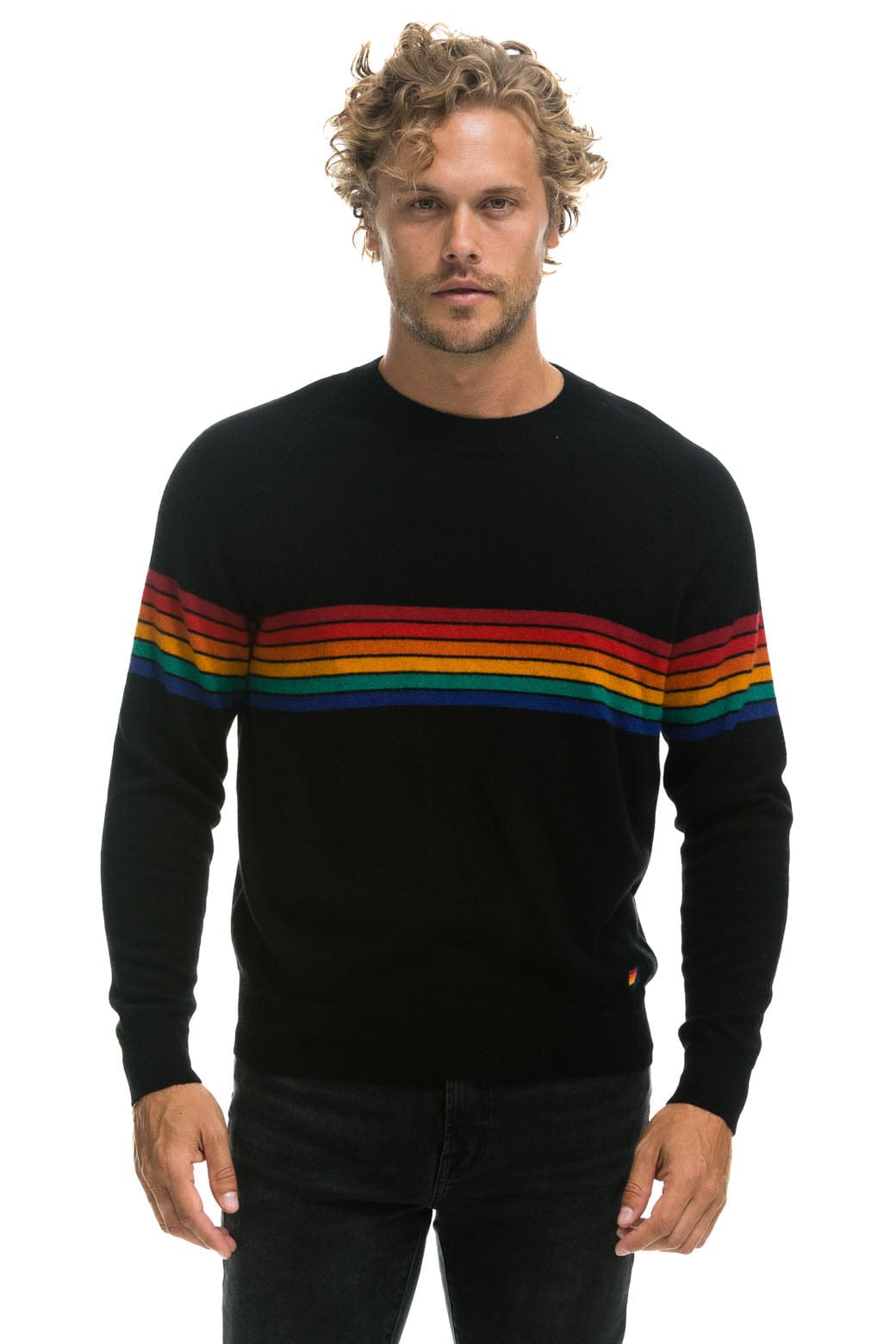 Retro RAINBOW STRIPE 6 UNISEX CASHMERE SWEATER - BLACK