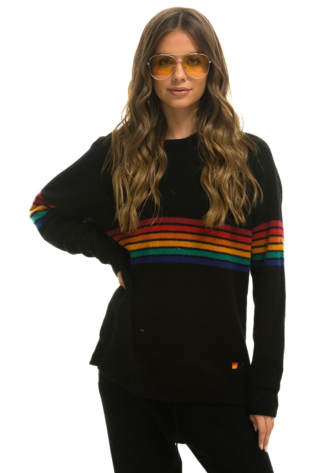 Retro RAINBOW STRIPE 6 UNISEX CASHMERE SWEATER - BLACK