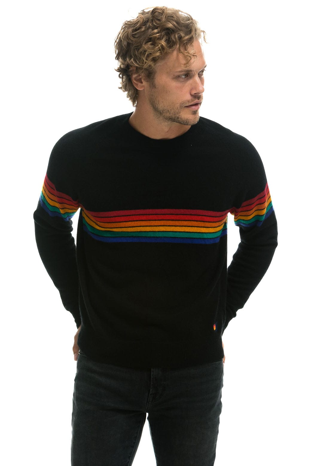 Retro RAINBOW STRIPE 6 UNISEX CASHMERE SWEATER - BLACK