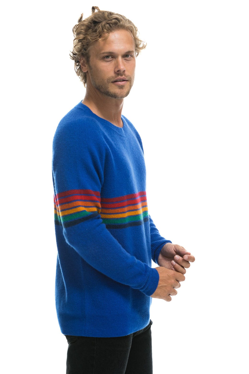 Retro RAINBOW STRIPE 6 UNISEX CASHMERE SWEATER - LAPIS