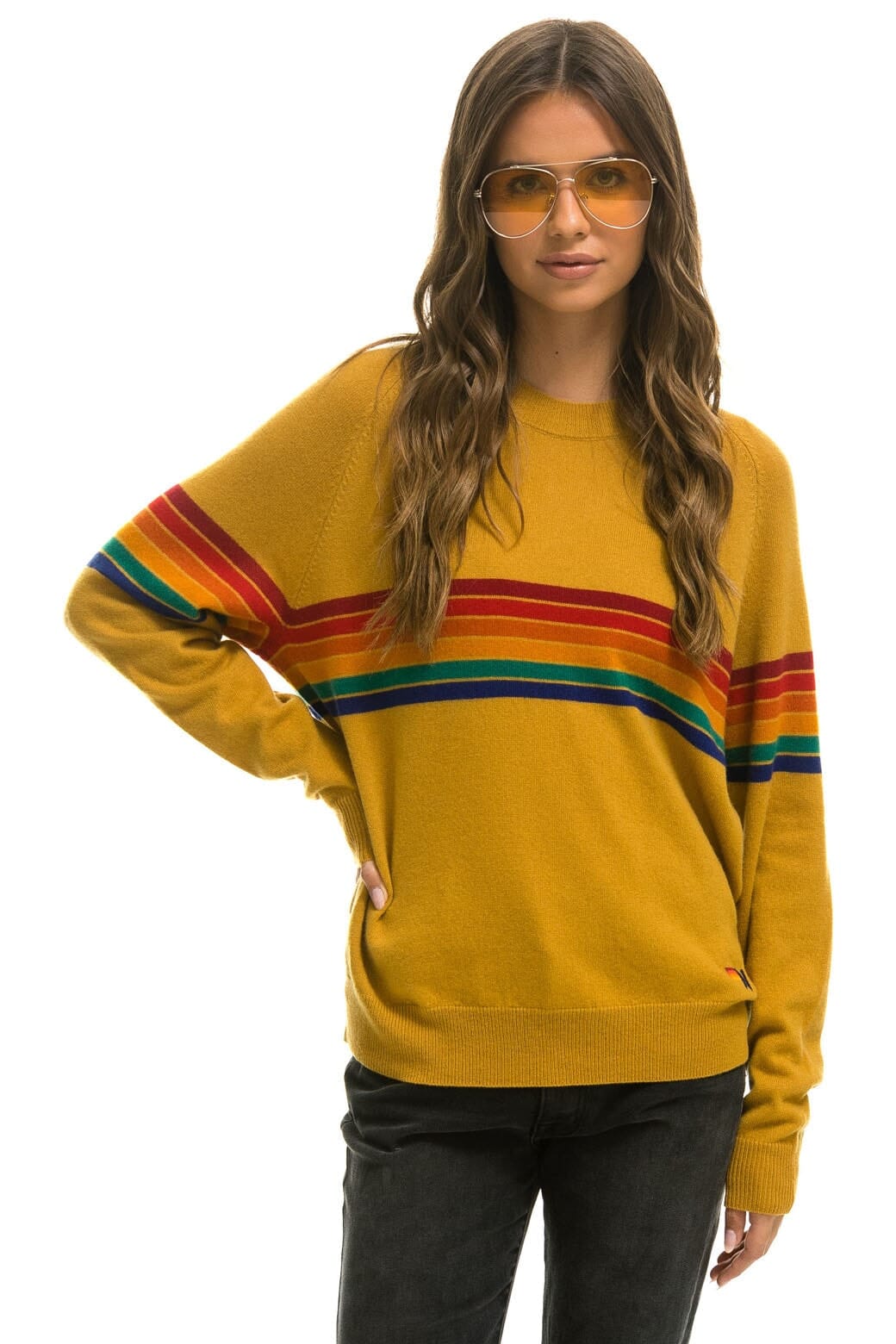 Retro RAINBOW STRIPE 6 UNISEX LIGHT CASHMERE SWEATER - HARVEST