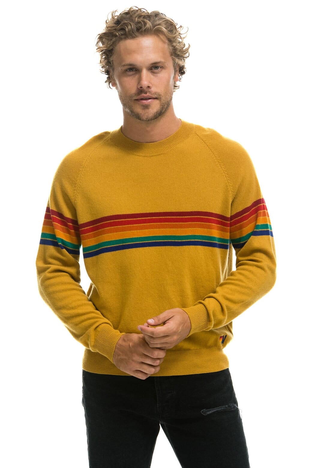 Retro RAINBOW STRIPE 6 UNISEX LIGHT CASHMERE SWEATER - HARVEST