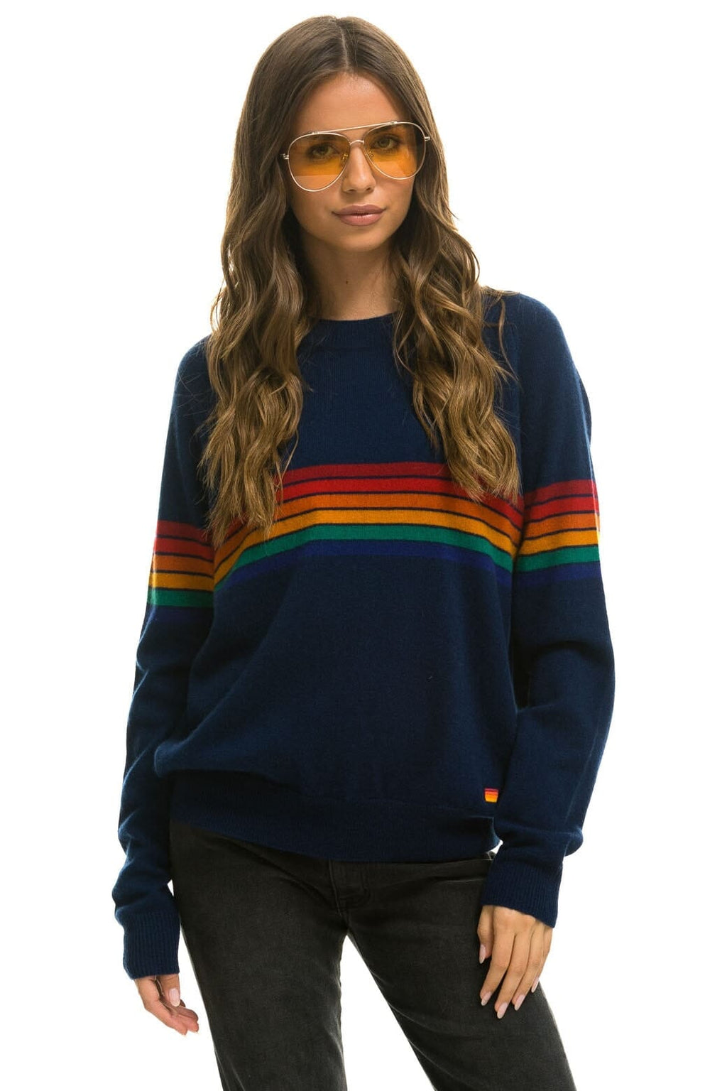 Retro RAINBOW STRIPE 6 UNISEX LIGHT CASHMERE SWEATER - MIDNIGHT