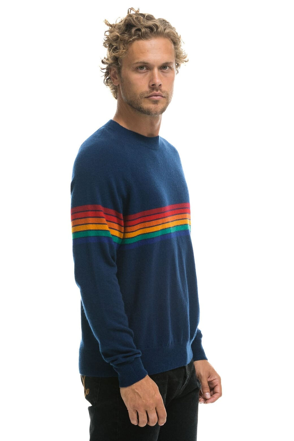 Retro RAINBOW STRIPE 6 UNISEX LIGHT CASHMERE SWEATER - MIDNIGHT