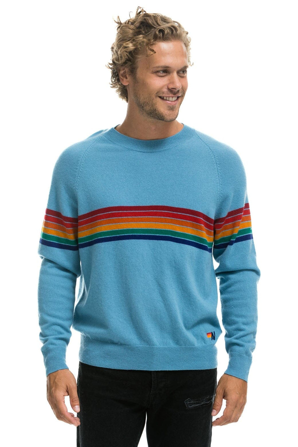 Retro RAINBOW STRIPE 6 UNISEX LIGHT CASHMERE SWEATER - OCEAN
