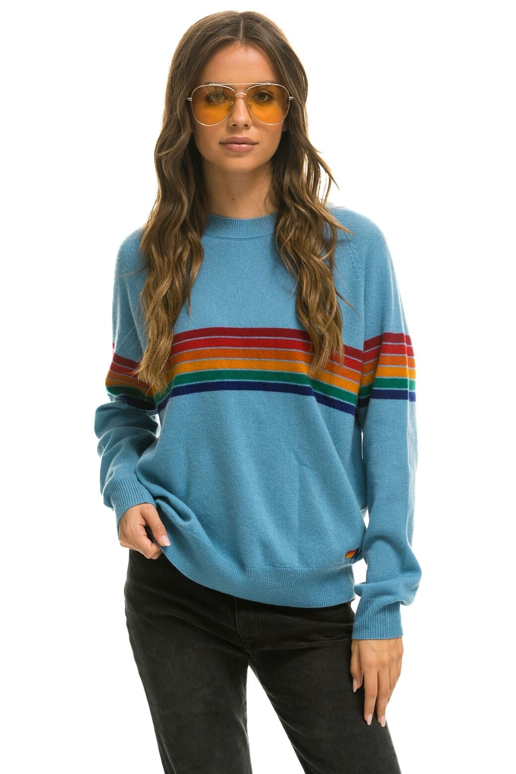 Retro RAINBOW STRIPE 6 UNISEX LIGHT CASHMERE SWEATER - OCEAN