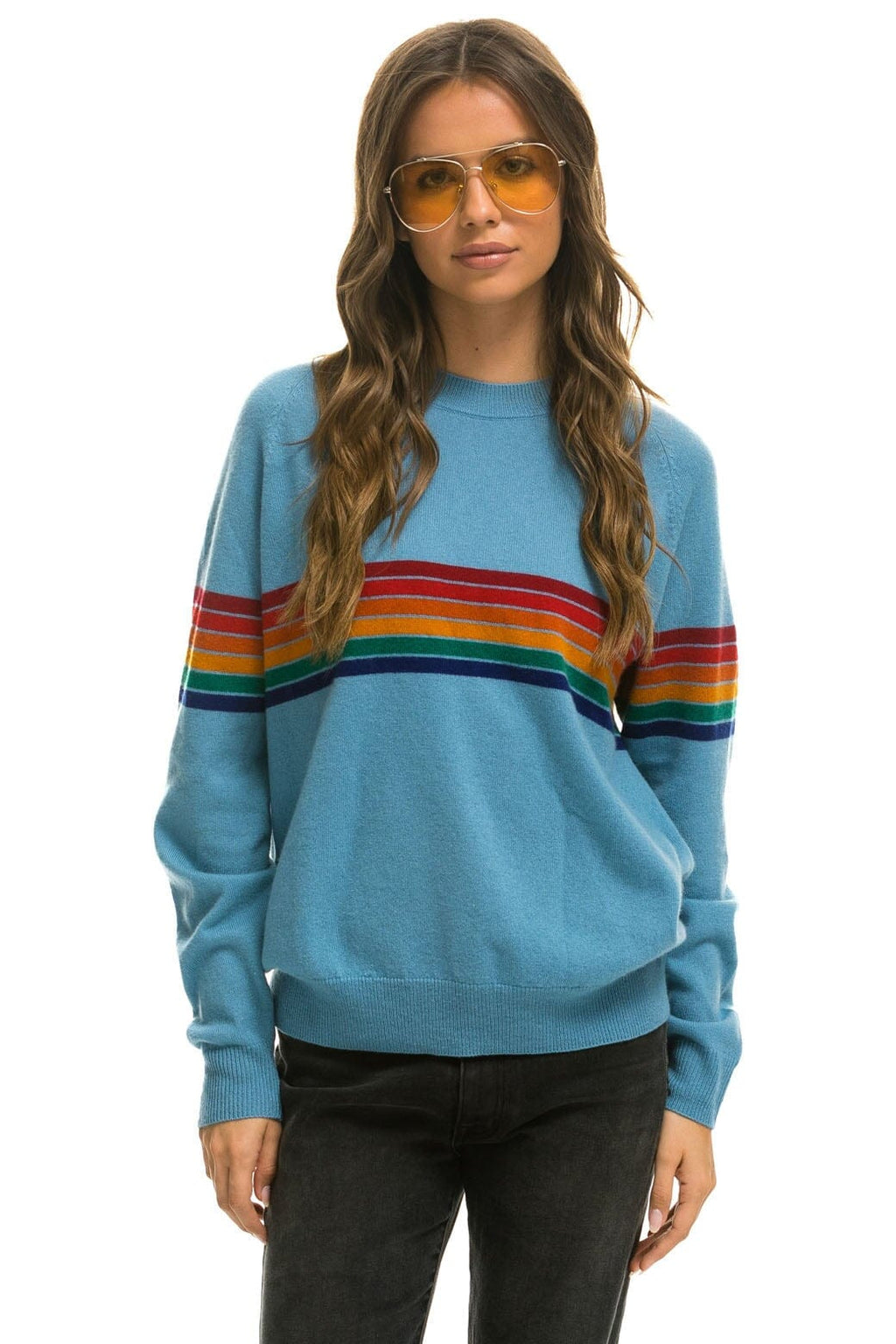 Retro RAINBOW STRIPE 6 UNISEX LIGHT CASHMERE SWEATER - OCEAN