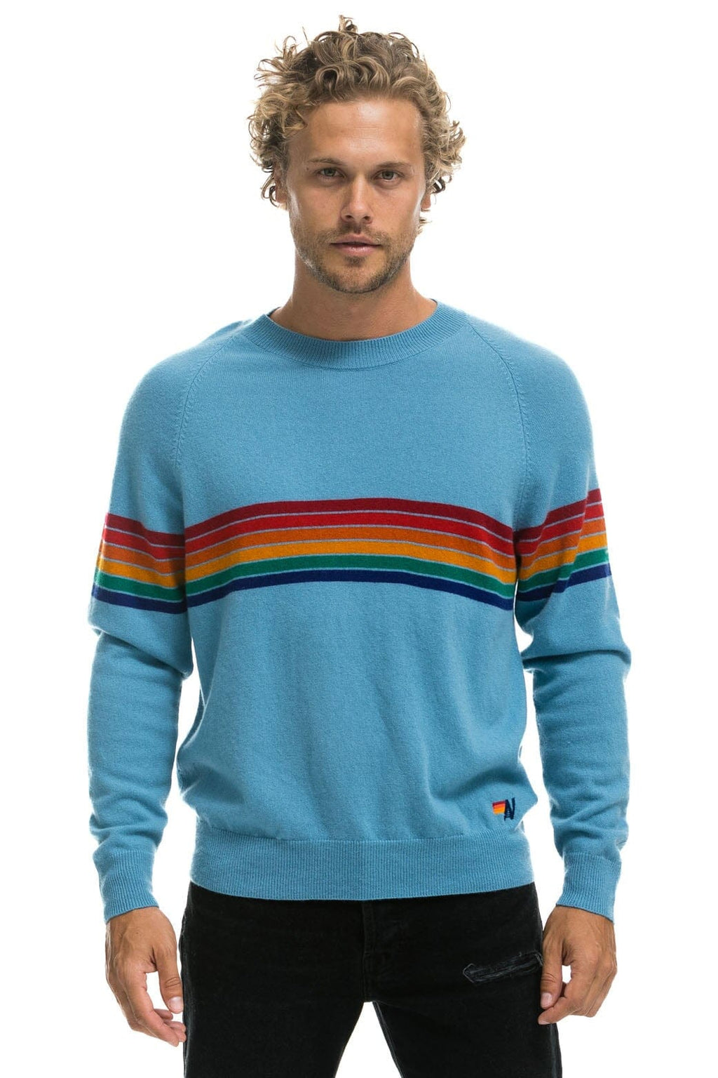Retro RAINBOW STRIPE 6 UNISEX LIGHT CASHMERE SWEATER - OCEAN