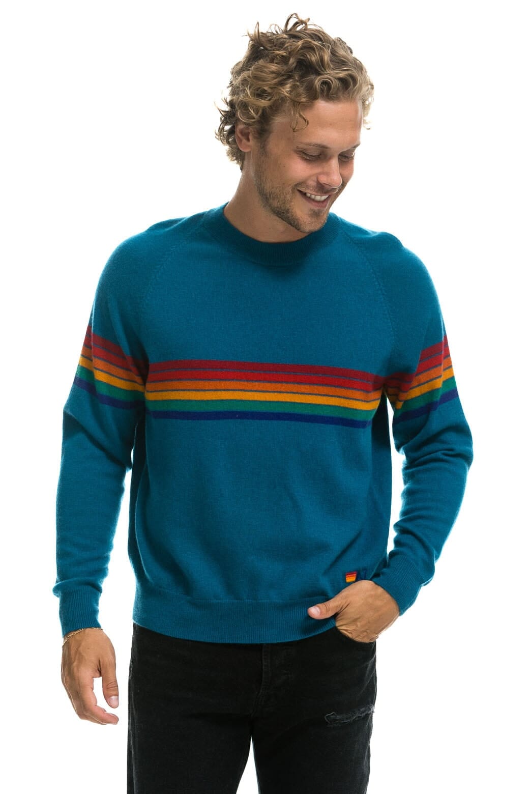 Retro RAINBOW STRIPE 6 UNISEX LIGHT CASHMERE SWEATER - PEACOCK