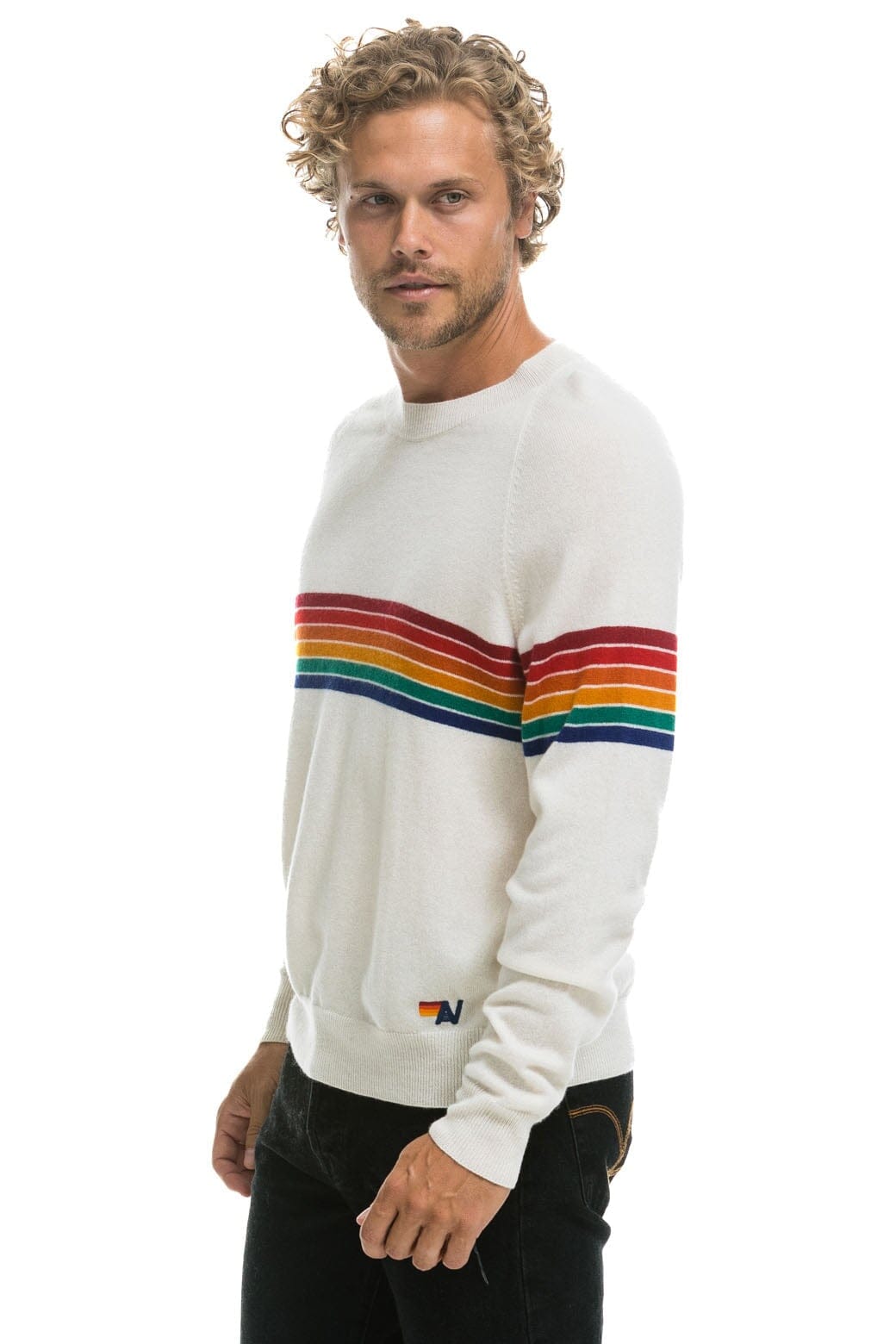 Retro RAINBOW STRIPE 6 UNISEX LIGHT CASHMERE SWEATER - SNOW