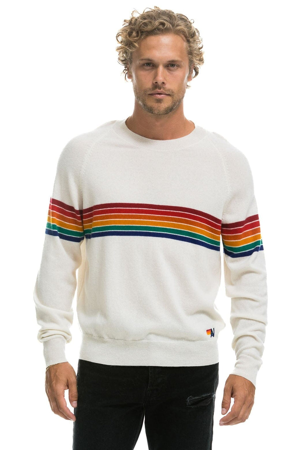 Retro RAINBOW STRIPE 6 UNISEX LIGHT CASHMERE SWEATER - SNOW