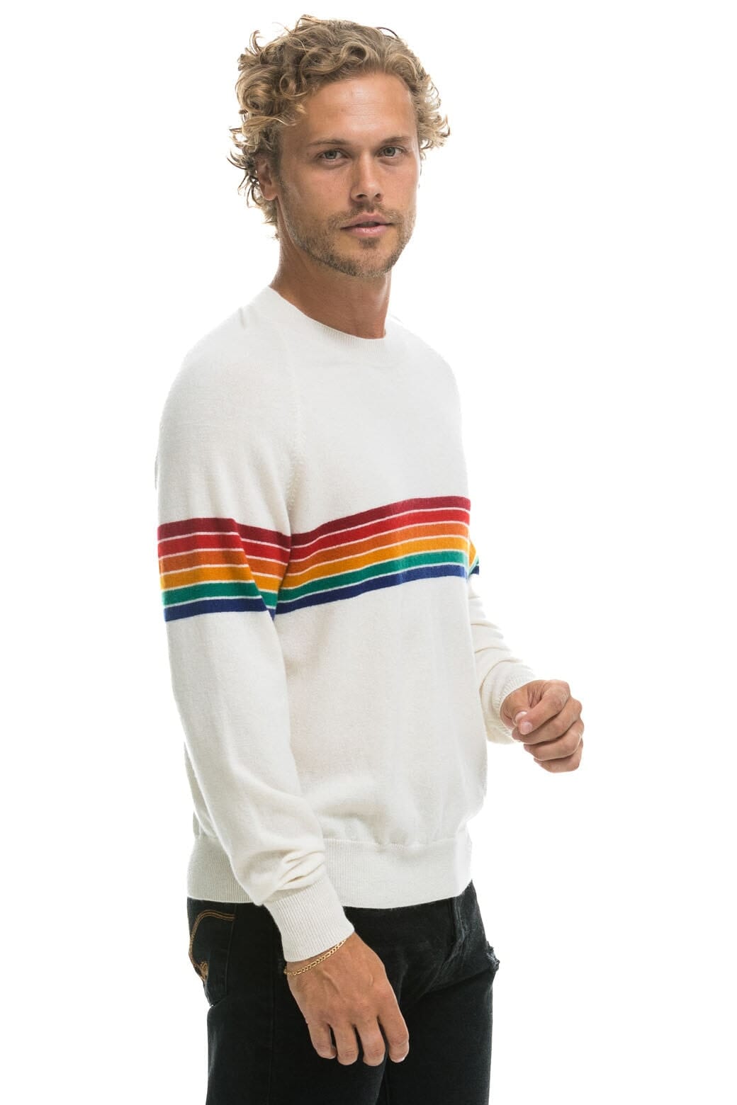 Retro RAINBOW STRIPE 6 UNISEX LIGHT CASHMERE SWEATER - SNOW