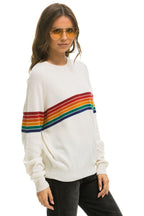 Retro RAINBOW STRIPE 6 UNISEX LIGHT CASHMERE SWEATER - SNOW