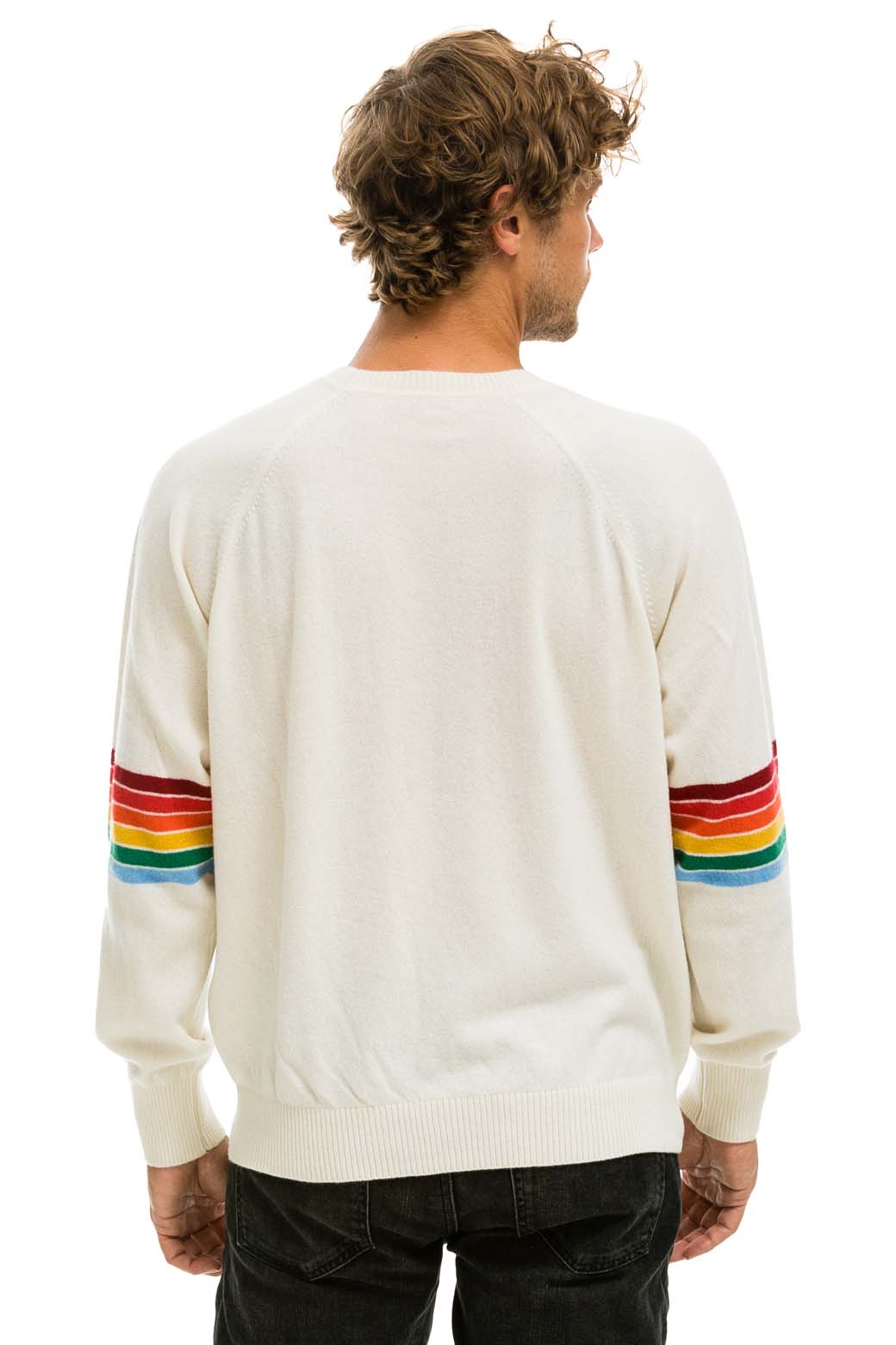 Retro RAINBOW STRIPE SLEEVE UNISEX CASHMERE LIGHT SWEATER - VINTAGE WHITE