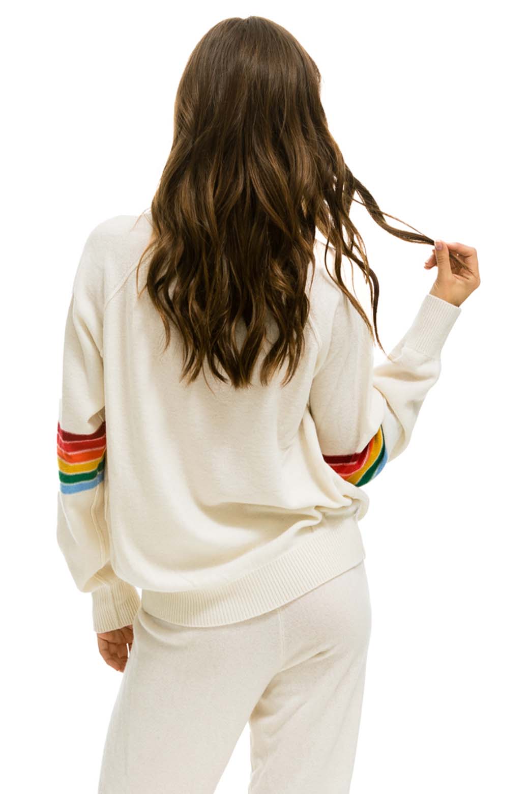 Retro RAINBOW STRIPE SLEEVE UNISEX CASHMERE LIGHT SWEATER - VINTAGE WHITE