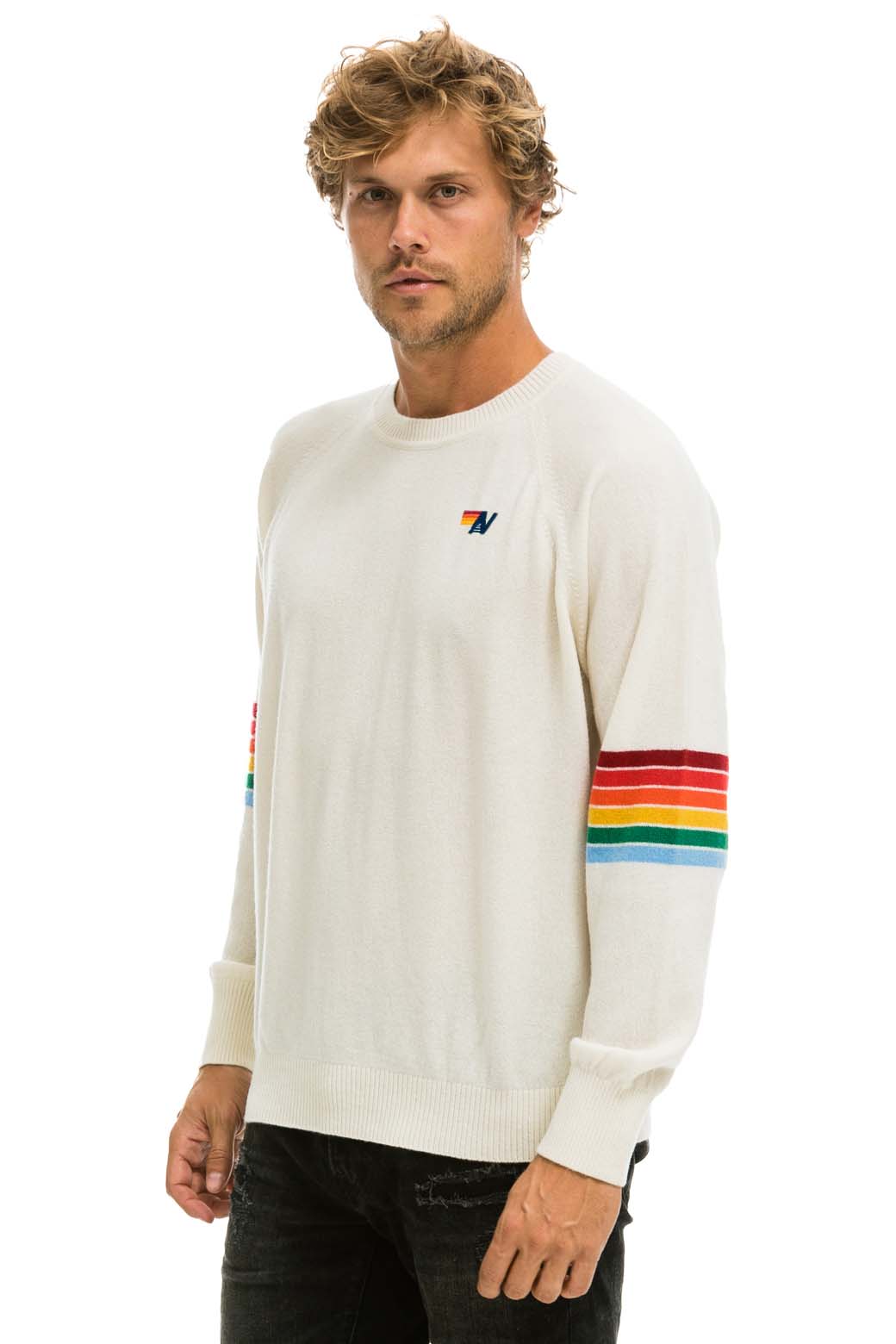 Retro RAINBOW STRIPE SLEEVE UNISEX CASHMERE LIGHT SWEATER - VINTAGE WHITE