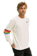 Retro RAINBOW STRIPE SLEEVE UNISEX CASHMERE LIGHT SWEATER - VINTAGE WHITE