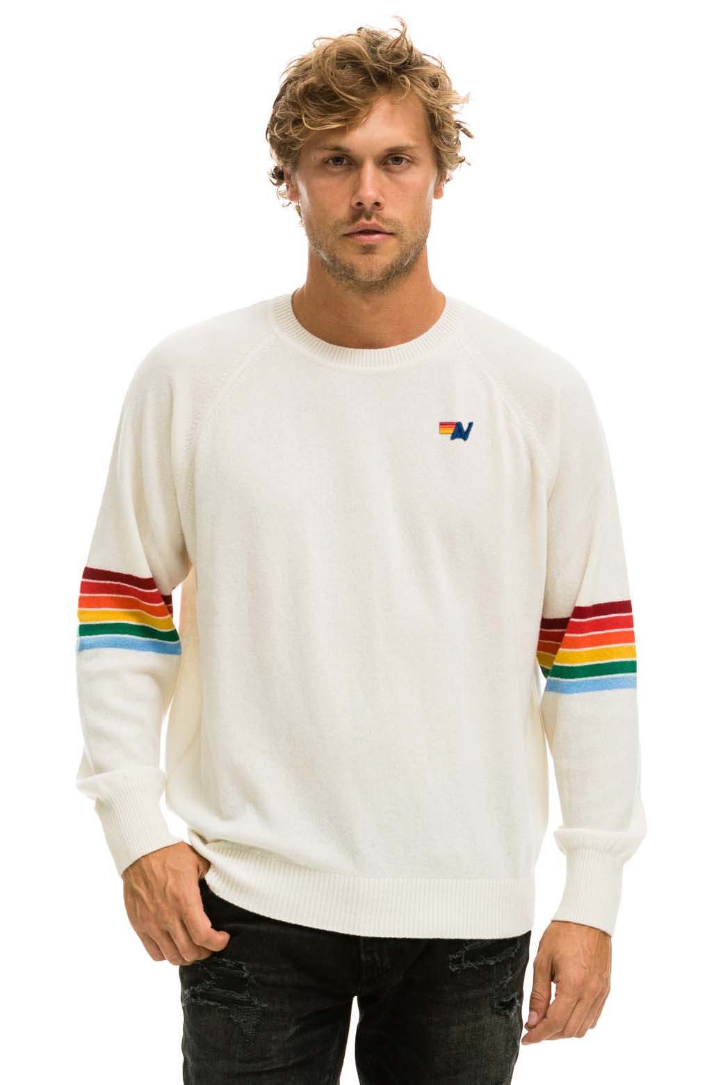 Retro RAINBOW STRIPE SLEEVE UNISEX CASHMERE LIGHT SWEATER - VINTAGE WHITE