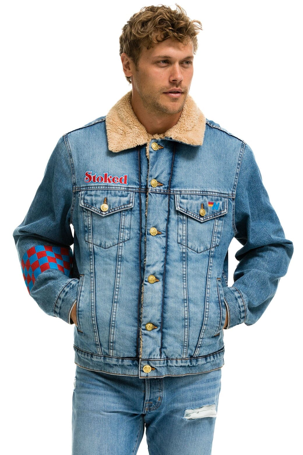 Retro SMALL STOKED BOLT SMILEY RANCH SHERPA DENIM JACKET - SUPER LIGHT