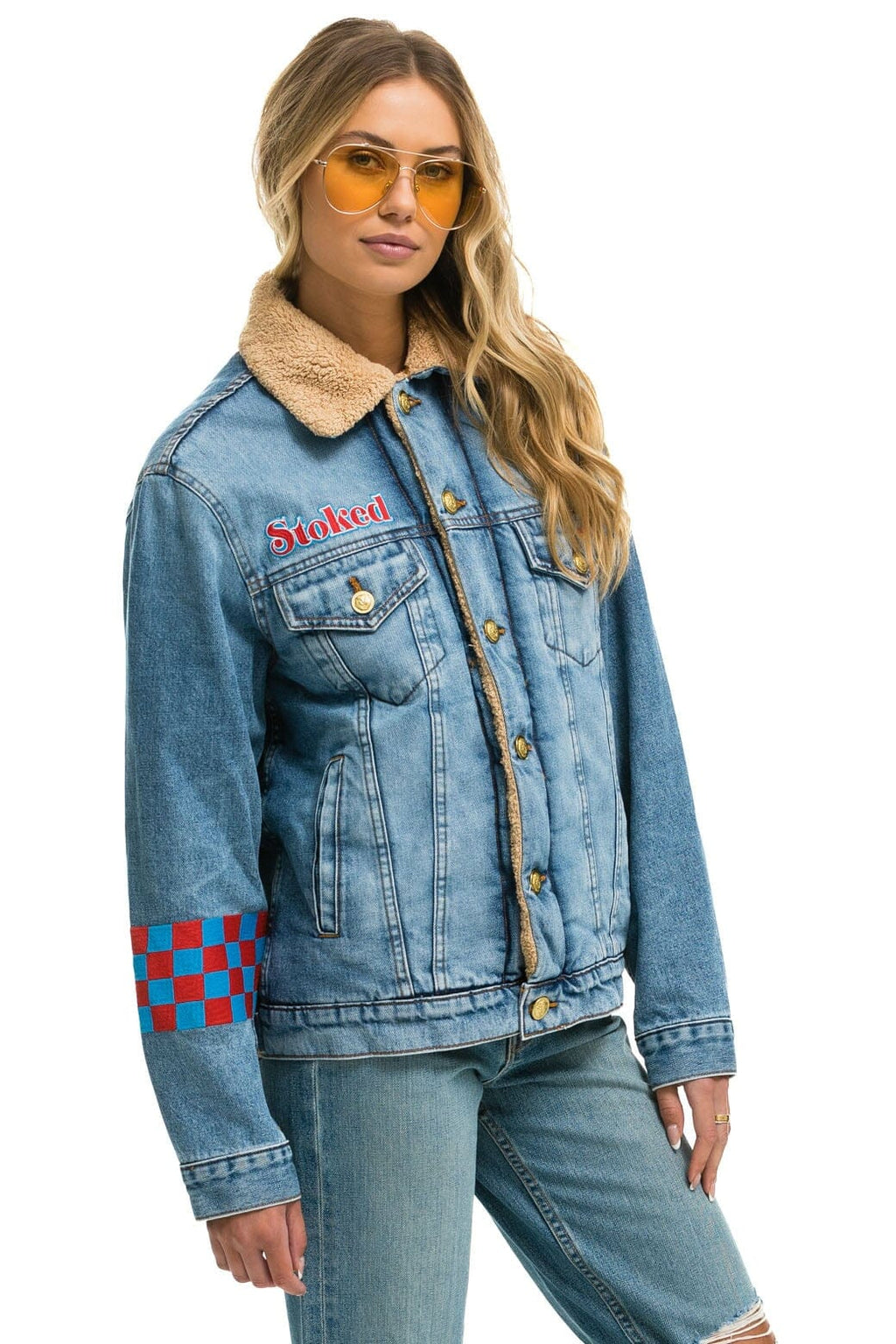 Retro SMALL STOKED BOLT SMILEY RANCH SHERPA DENIM JACKET - SUPER LIGHT