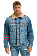 Retro SMALL STOKED BOLT SMILEY RANCH SHERPA DENIM JACKET - SUPER LIGHT