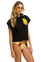 Retro SMILEY SUNSET SLEEVELESS RELAXED CROPPED PULLOVER HOODIE - BLACK