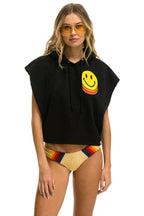 Retro SMILEY SUNSET SLEEVELESS RELAXED CROPPED PULLOVER HOODIE - BLACK