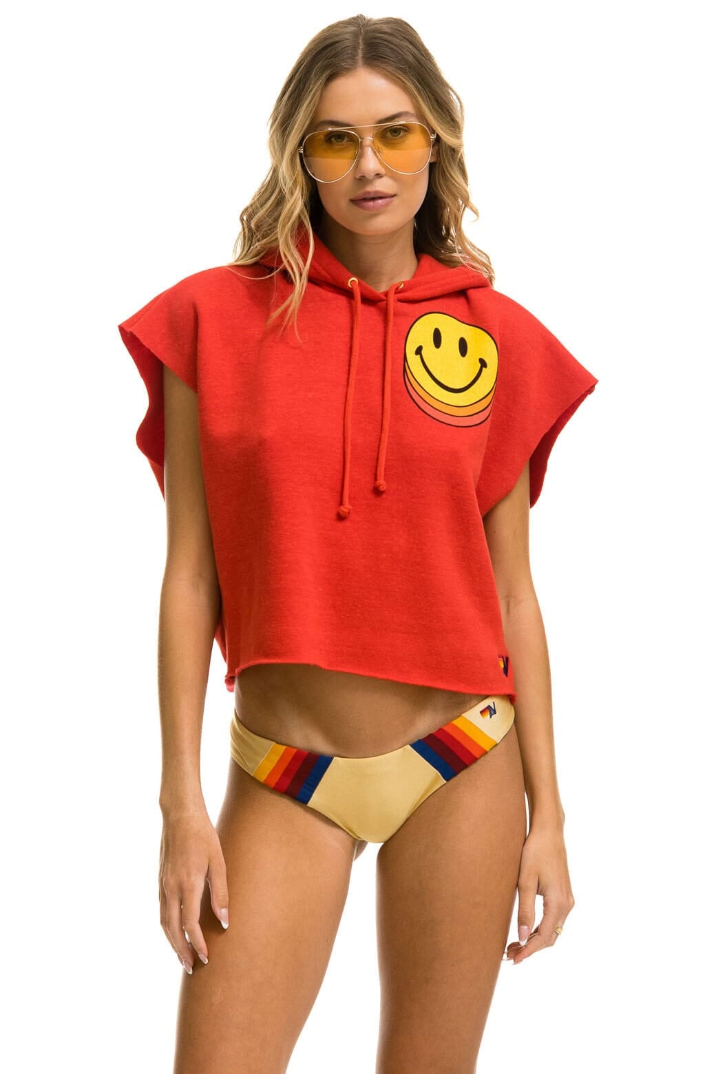 Retro SMILEY SUNSET SLEEVELESS RELAXED CROPPED PULLOVER HOODIE - RED