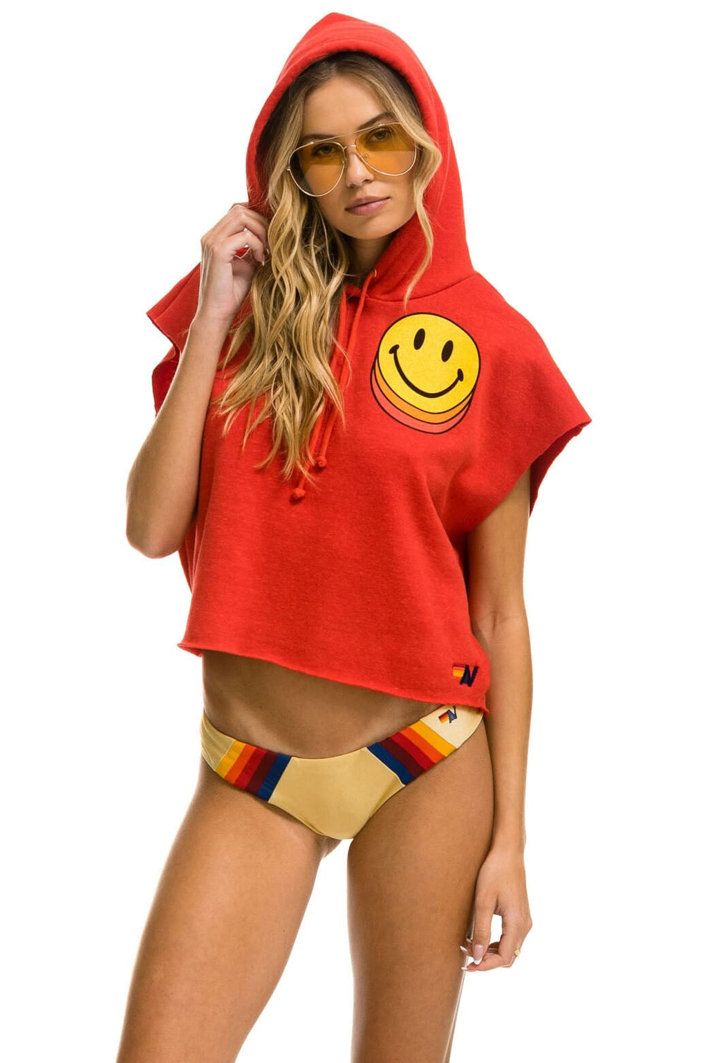 Retro SMILEY SUNSET SLEEVELESS RELAXED CROPPED PULLOVER HOODIE - RED