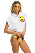 Retro SMILEY SUNSET SLEEVELESS RELAXED CROPPED PULLOVER HOODIE - WHITE