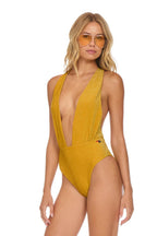 Retro SPARKLE COMO DEEP PLUNGE CROSS BACK WOMENS ONE PIECE - GOLD