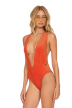 Retro SPARKLE COMO DEEP PLUNGE CROSS BACK WOMENS ONE PIECE - HOT CORAL