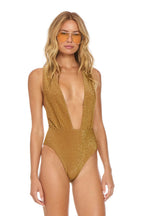 Retro SPARKLE COMO DEEP PLUNGE CROSS BACK WOMENS ONE PIECE - MOCHA