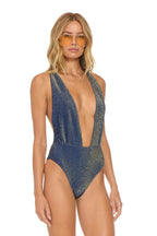 Retro SPARKLE COMO DEEP PLUNGE CROSS BACK WOMENS ONE PIECE - NAVY
