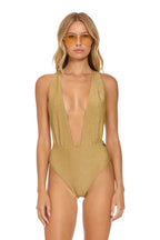 Retro SPARKLE COMO DEEP PLUNGE CROSS BACK WOMENS ONE PIECE - SAND