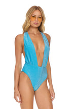 Retro SPARKLE COMO DEEP PLUNGE CROSS BACK WOMENS ONE PIECE - SKY