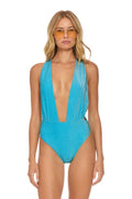 Retro SPARKLE COMO DEEP PLUNGE CROSS BACK WOMENS ONE PIECE - SKY