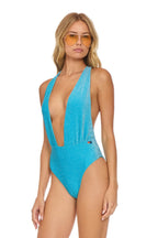 Retro SPARKLE COMO DEEP PLUNGE CROSS BACK WOMENS ONE PIECE - SKY