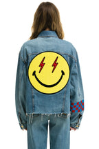 Retro STOKED BOLT SMILEY OVERSIZED CUTOFF DENIM JACKET - VINTAGE
