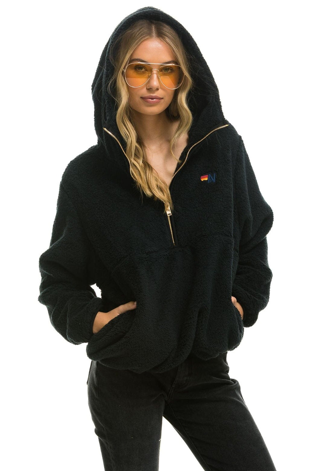 Retro TEDDY APRES HOODED HALF ZIP JACKET - BLACK