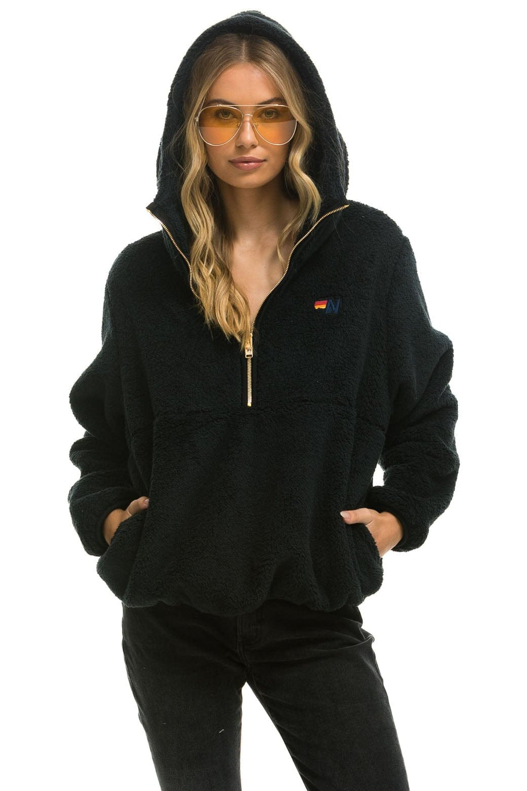 Retro TEDDY APRES HOODED HALF ZIP JACKET - BLACK