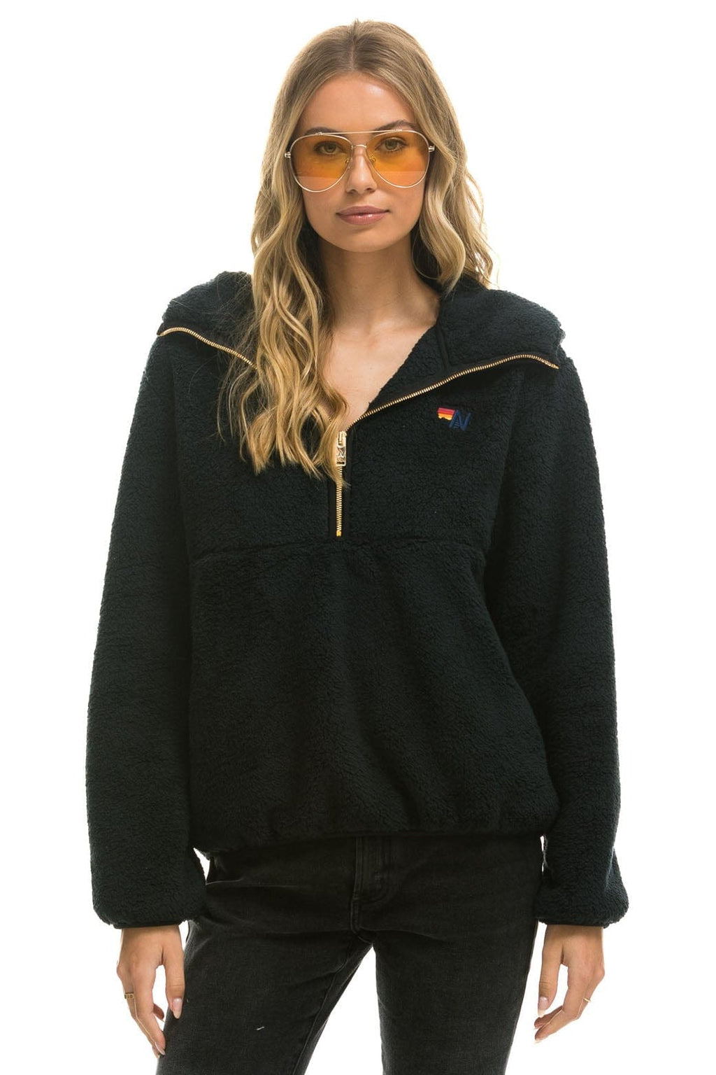 Retro TEDDY APRES HOODED HALF ZIP JACKET - BLACK