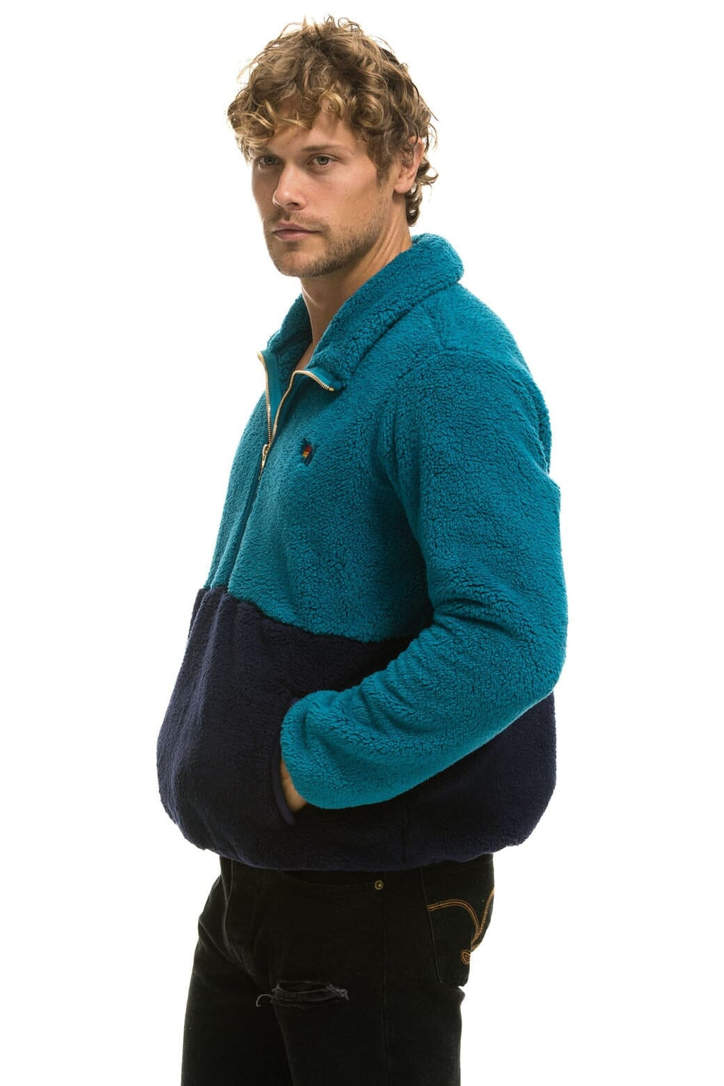 Retro TEDDY UNISEX HALF ZIP COLOR BLOCK JACKET - CAPRI