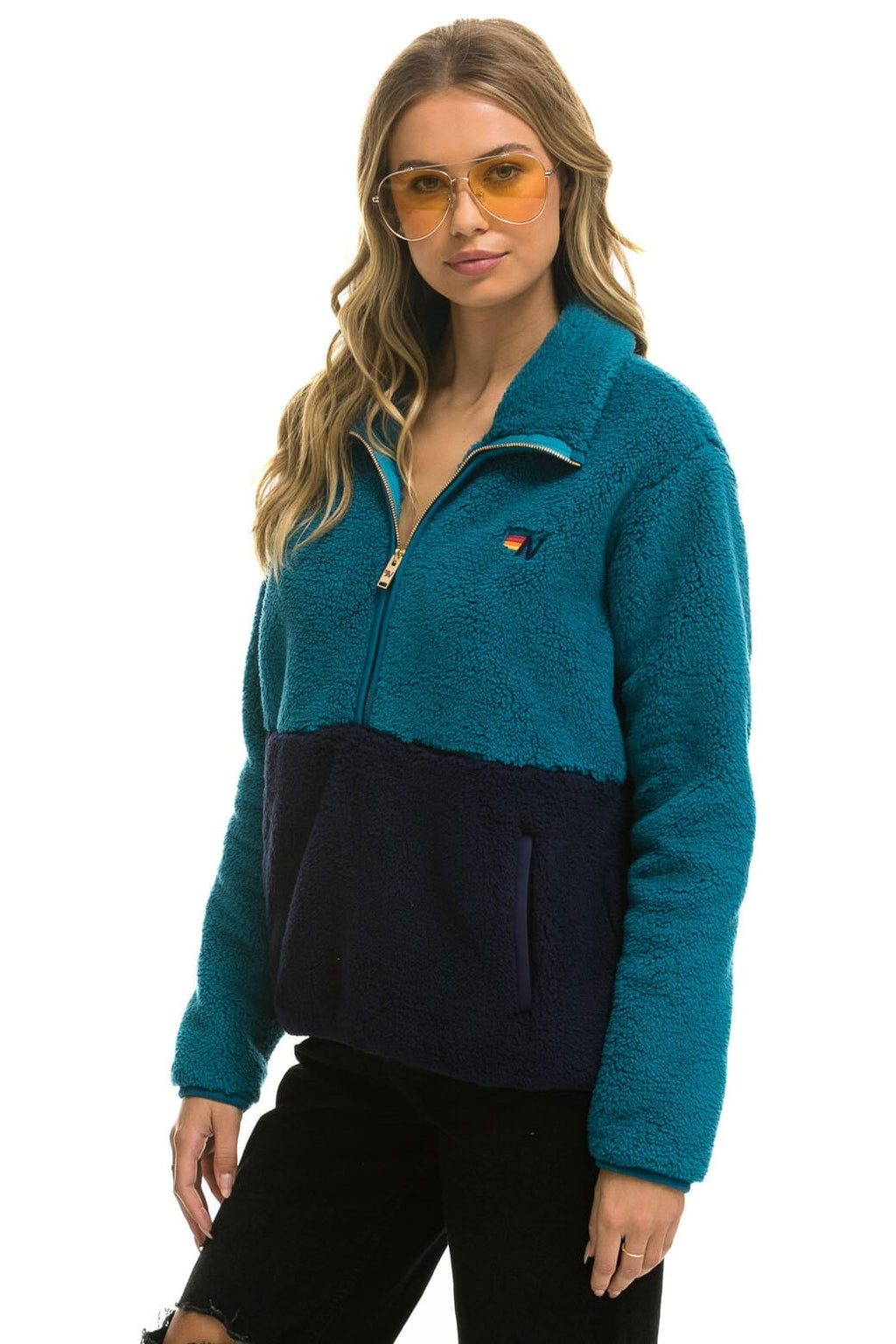 Retro TEDDY UNISEX HALF ZIP COLOR BLOCK JACKET - CAPRI
