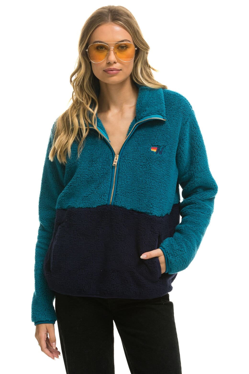 Retro TEDDY UNISEX HALF ZIP COLOR BLOCK JACKET - CAPRI
