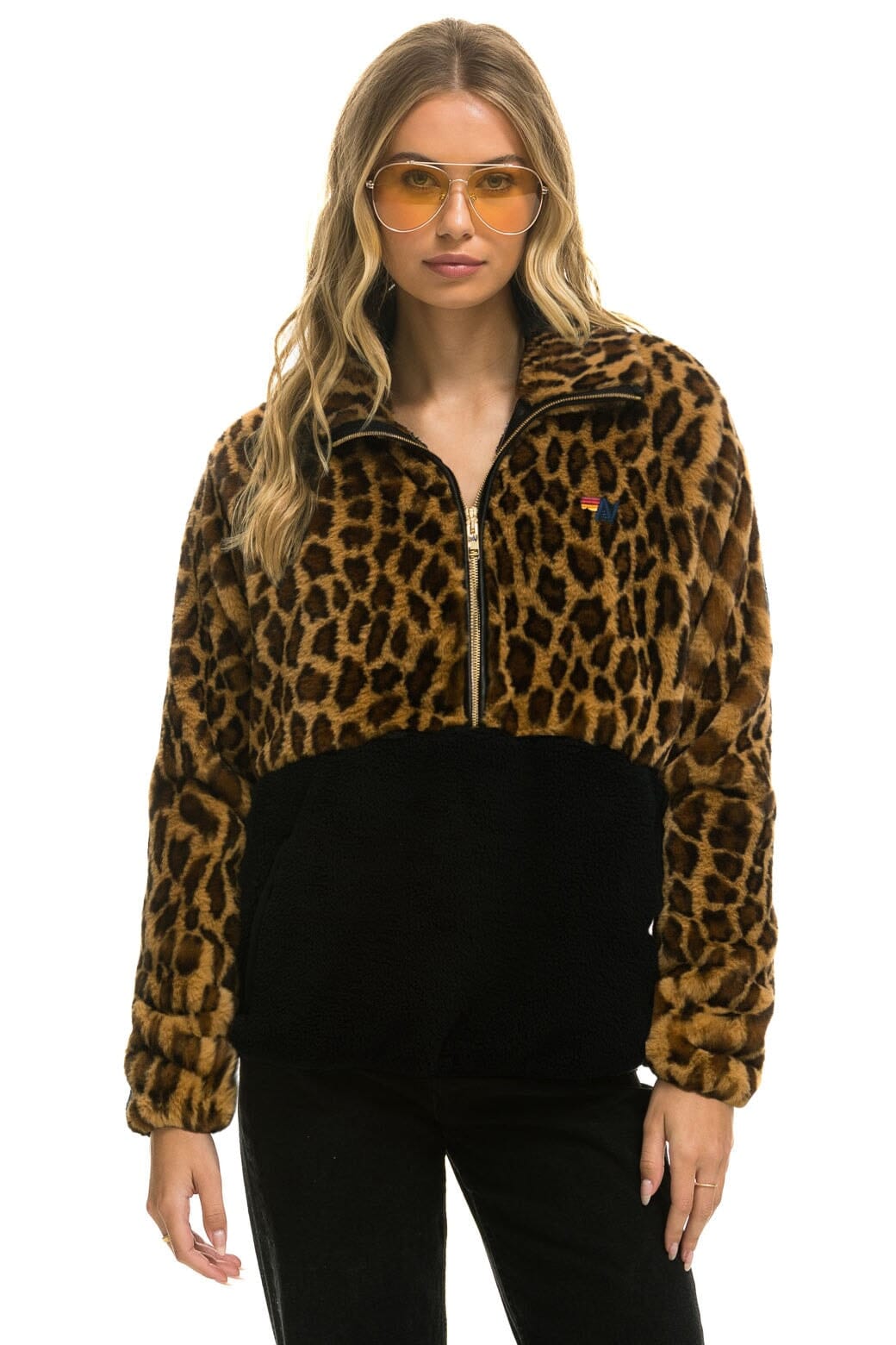 Retro TEDDY UNISEX HALF ZIP COLOR BLOCK JACKET - CHEETAH