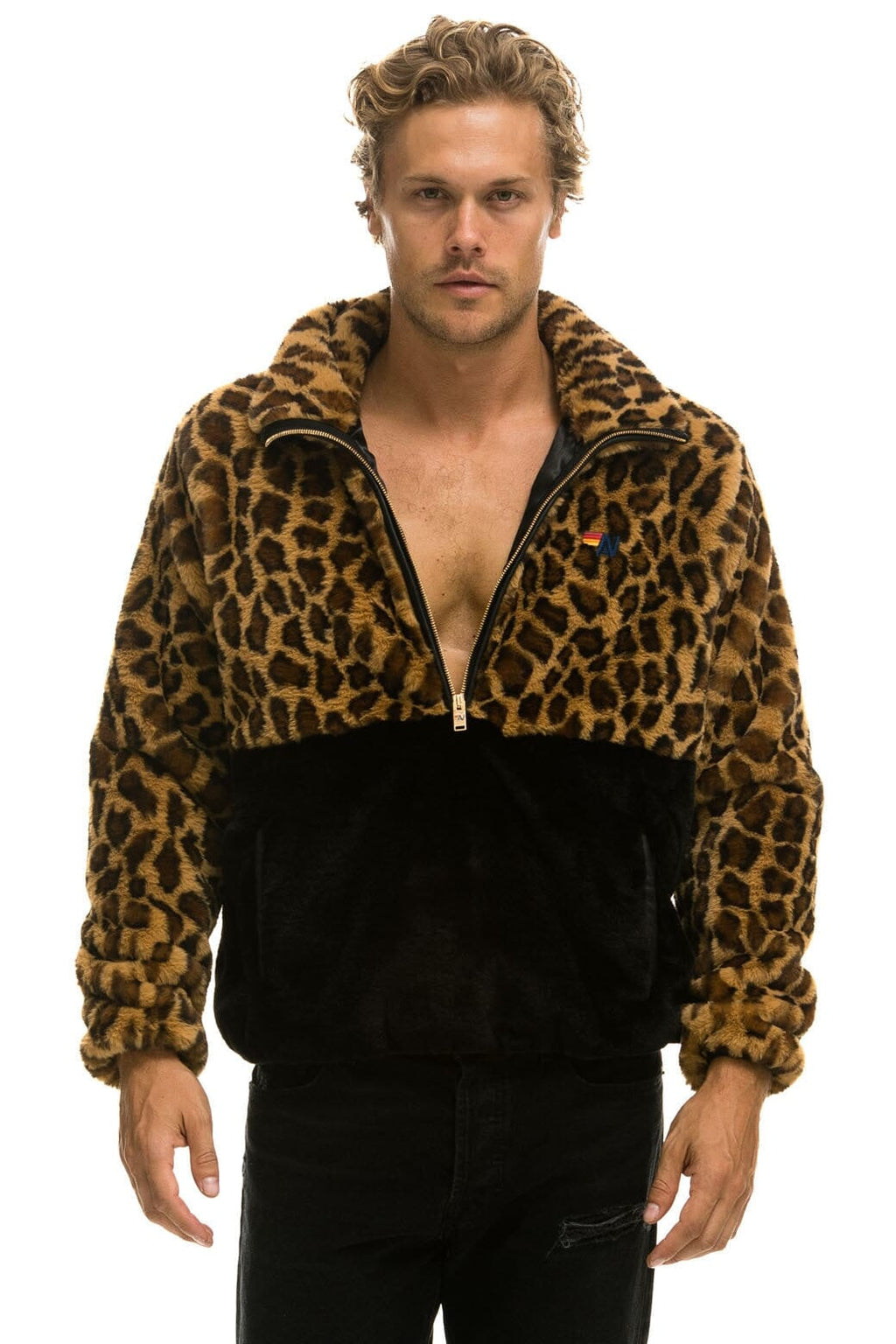 Retro TEDDY UNISEX HALF ZIP COLOR BLOCK JACKET - CHEETAH