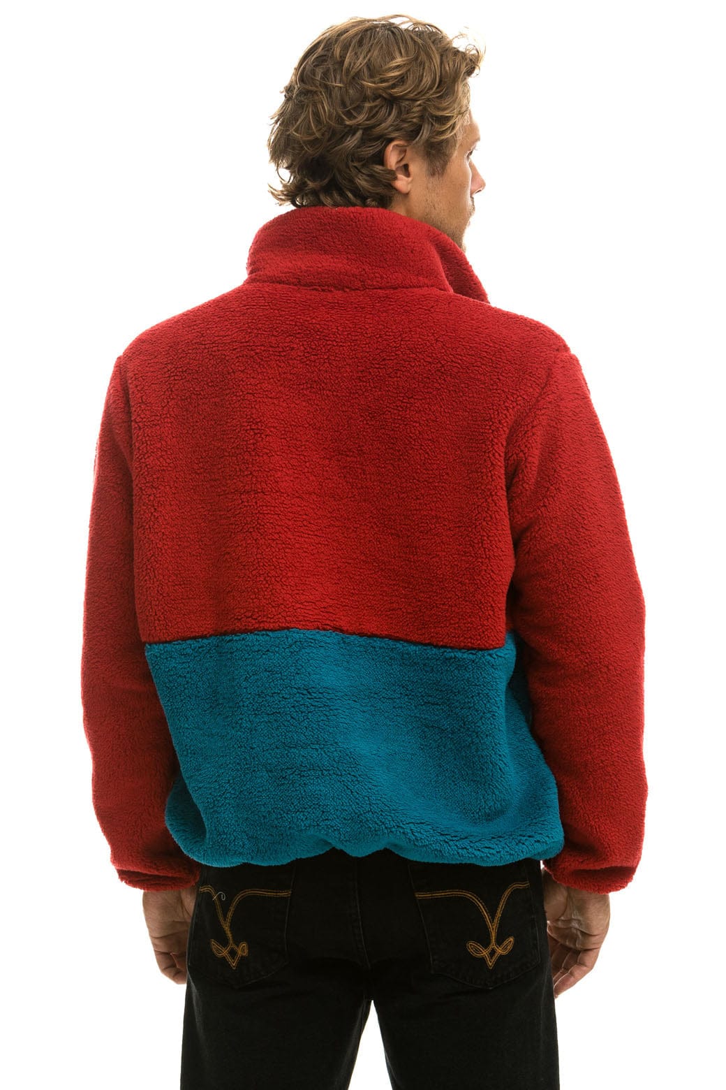 Retro TEDDY UNISEX HALF ZIP COLOR BLOCK JACKET - CHERRY