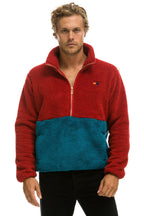 Retro TEDDY UNISEX HALF ZIP COLOR BLOCK JACKET - CHERRY
